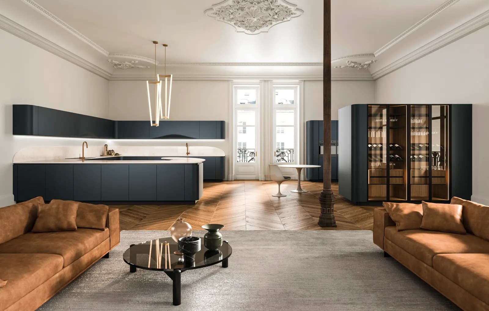 Cuisine Snaidero Ola bleue et cave à vin vitrée, dans un appartement classique