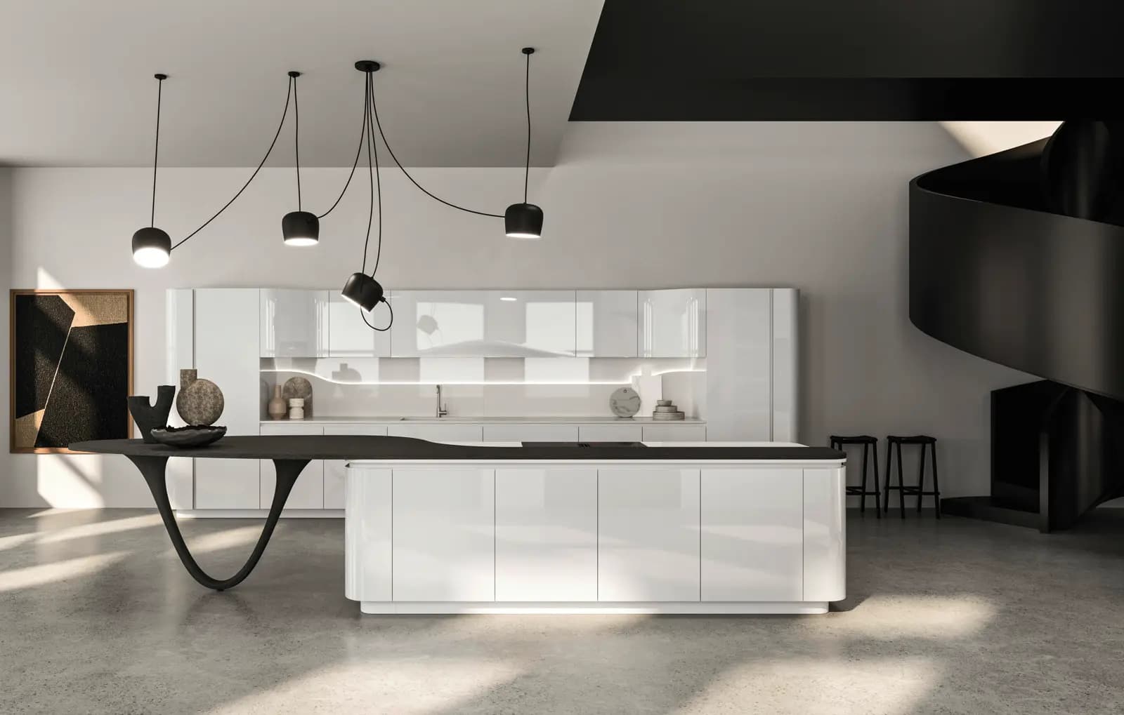 Cuisine Snaidero Ola blanche et son îlot courbe dans un loft en béton, sous des suspensions noires