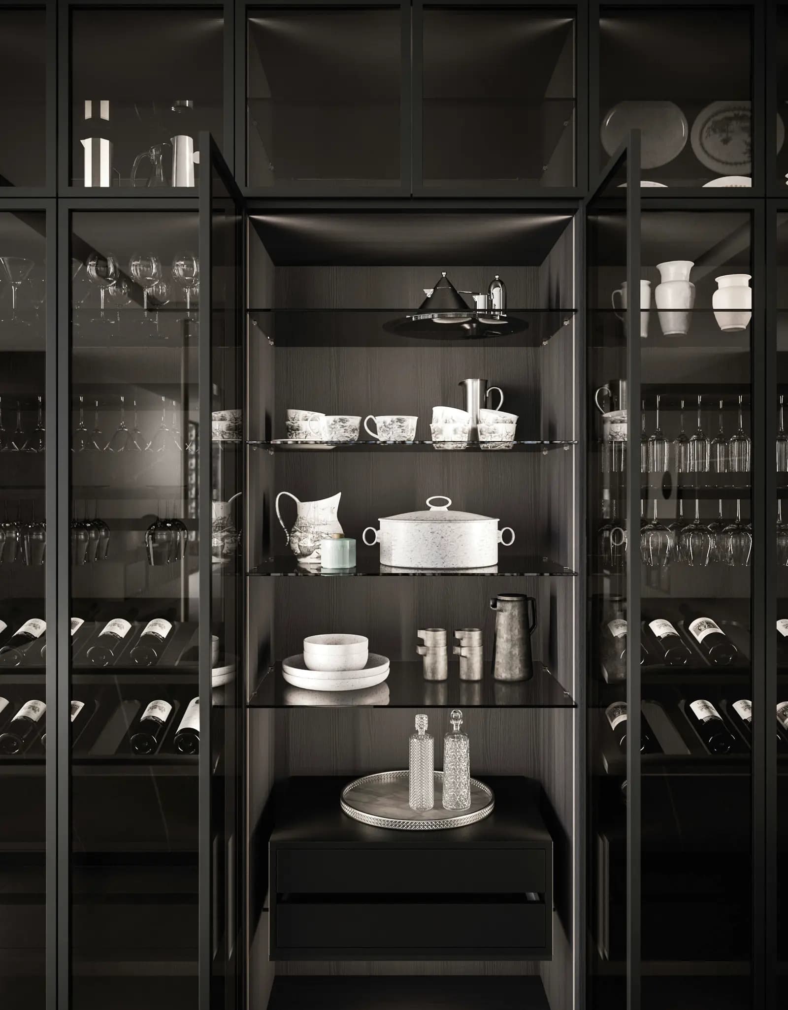 Intérieur éclairé d'une vitrine Snaidero Elementi en verre fumé, garnie de vaisselle
