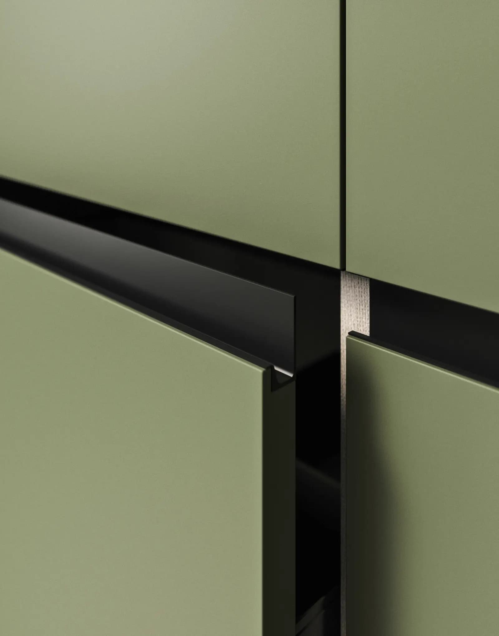 Détail de deux façades Snaidero Folio vert olive, séparées par une gorge noire
