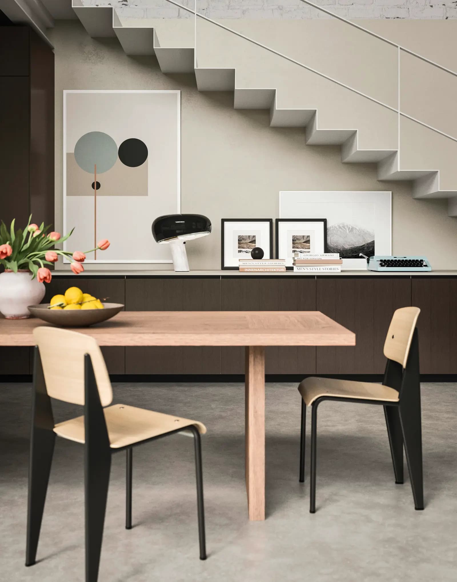 Cuisine Snaidero Folio brune vue depuis la table, sous un escalier en béton