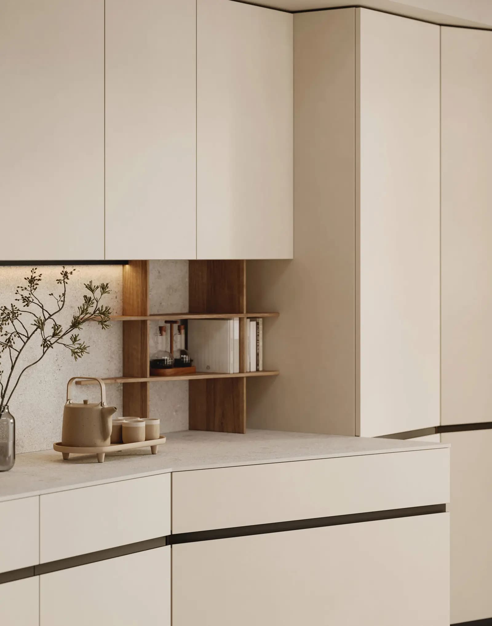 Façades inclinées d'une cuisine Snaidero Orbita crème, autour d'une niche en bois