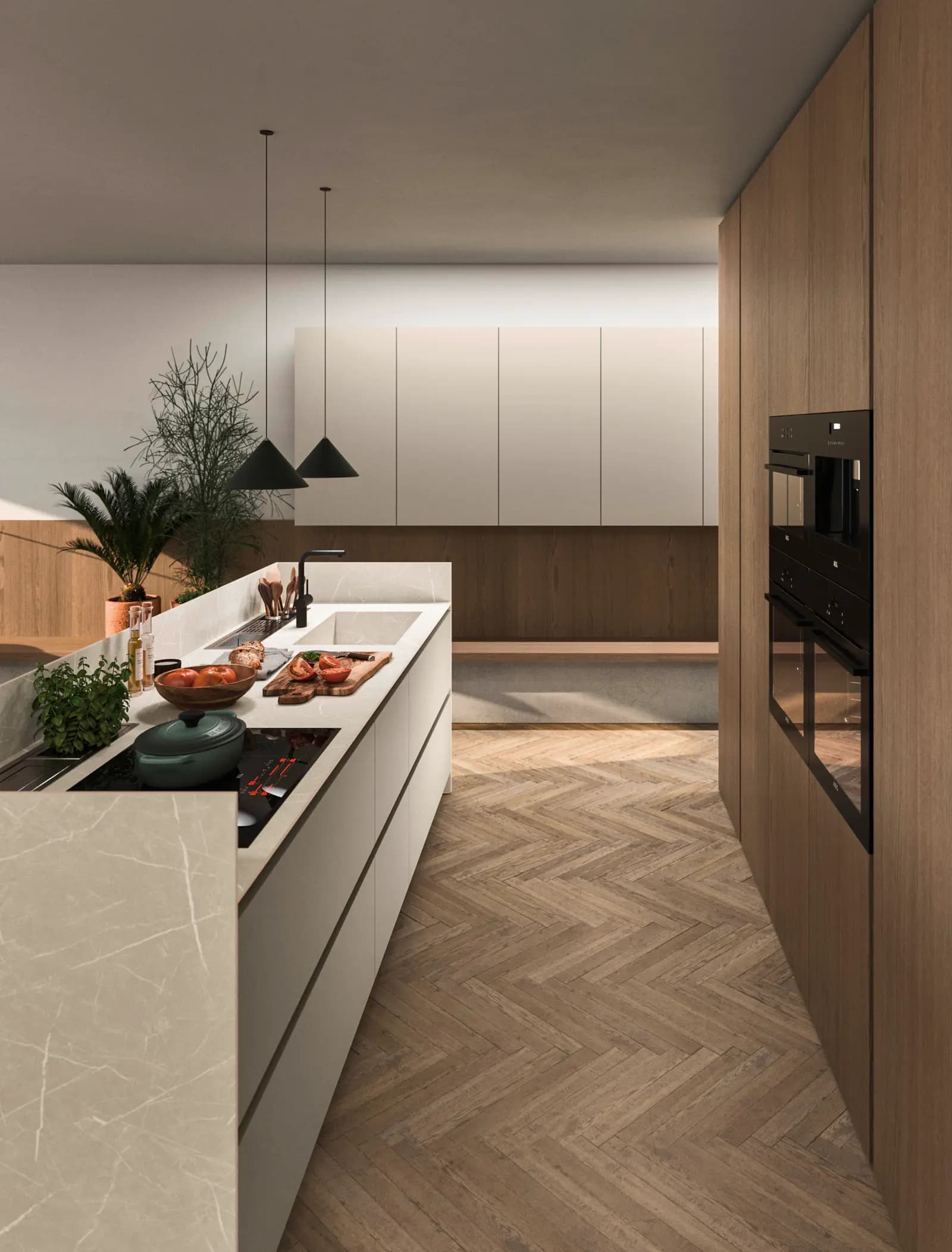 Cuisine Snaidero Principio claire avec îlot, sur un parquet en chevrons