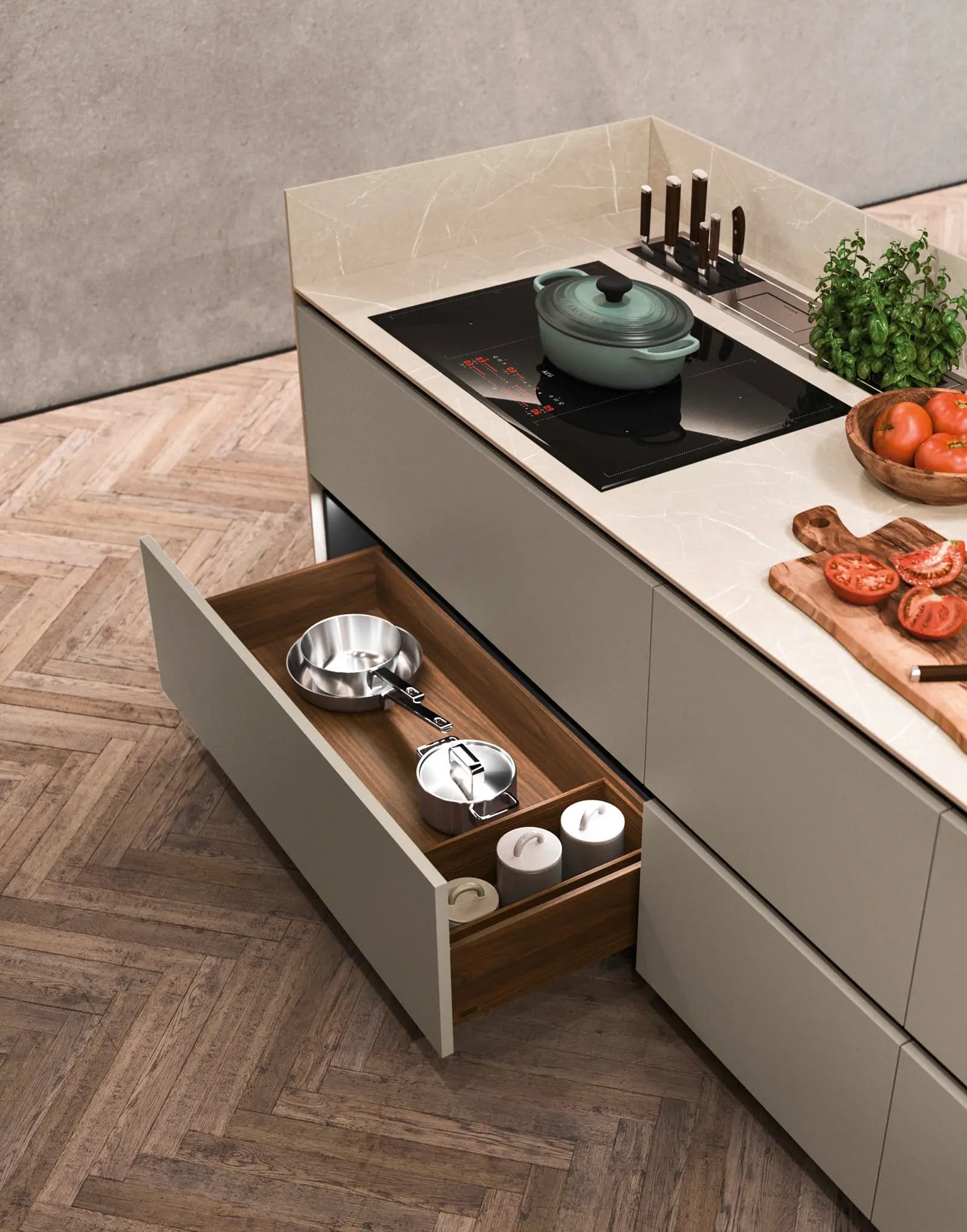 Tiroir ouvert d'une cuisine Snaidero Principio, sous un plan de travail et une plaque de cuisson