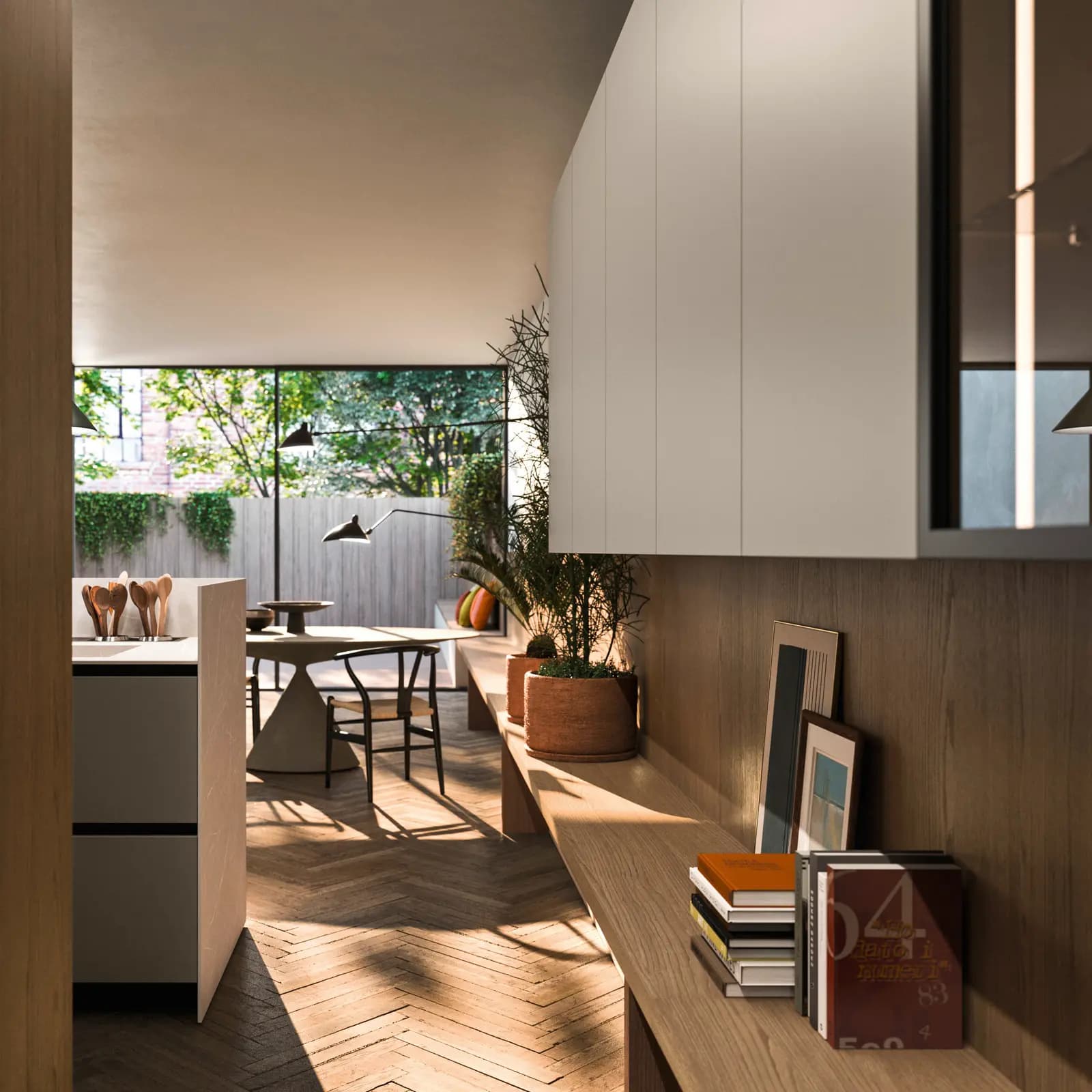 Cuisine Snaidero Principio ouverte sur une terrasse, avec étagère en bois et livres