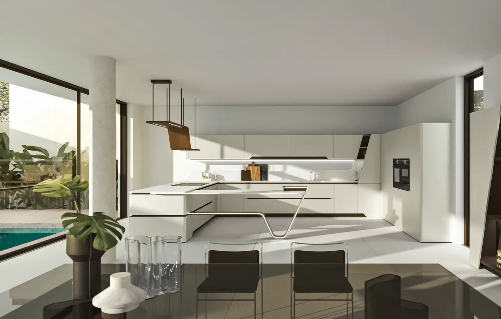 Cuisine Snaidero Vision blanche ouverte sur une terrasse et une piscine, avec deux tabourets