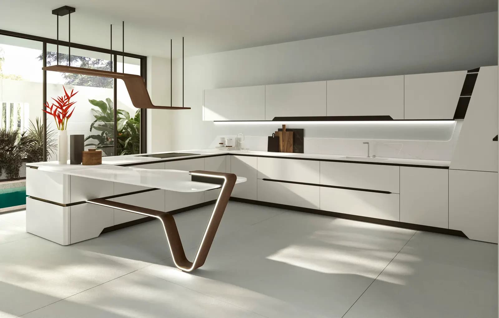 Îlot blanc d'une cuisine Snaidero Vision prolongé par une table, dans une pièce entièrement blanche