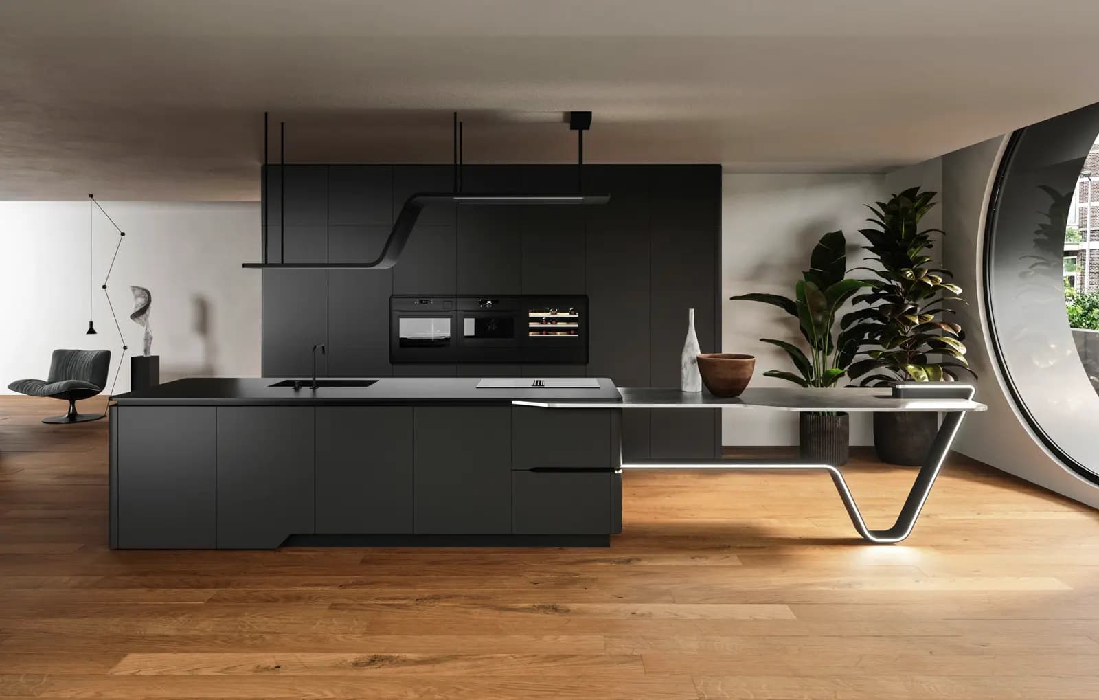 Cuisine Snaidero Vision anthracite sur parquet, devant une grande ouverture ronde