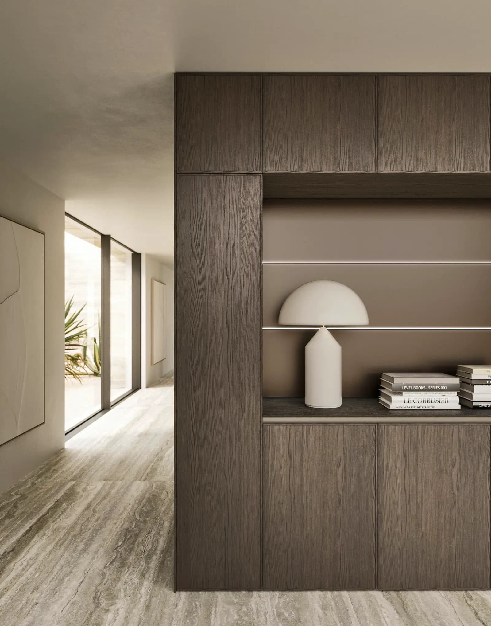 Colonnes en bois sombre d'une cuisine Snaidero Quadra, avec une niche ouverte et une lampe