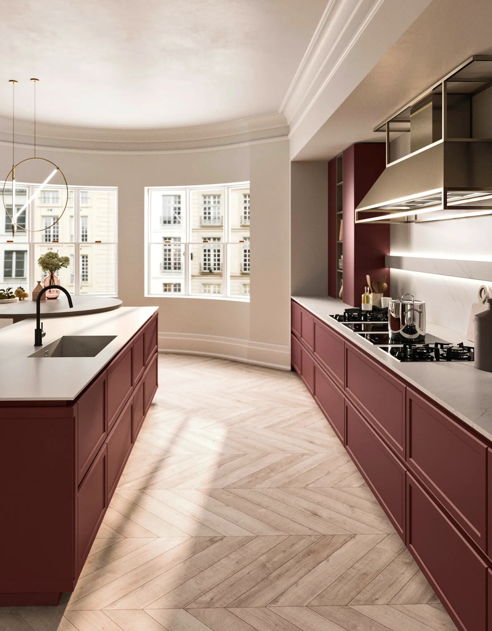 Cuisine Snaidero Frame bordeaux le long d'un mur, avec son îlot, dans un appartement à bow-window