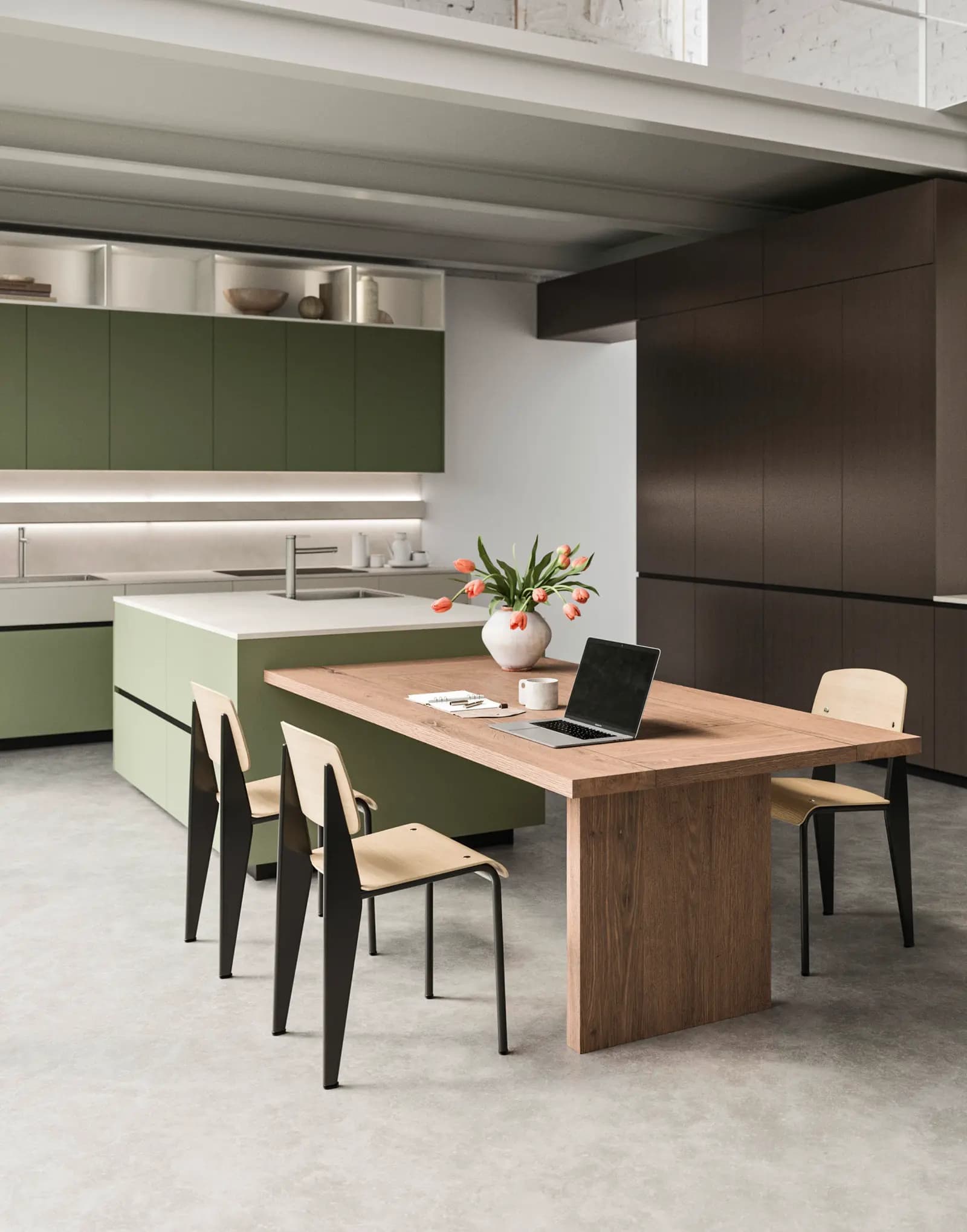 Cuisine Snaidero Folio verte avec table en bois, dans un loft à plafond en béton