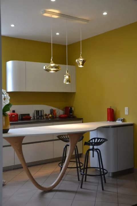 Cuisine blanche, mur ocre et pied bois, photo 2 sur 26
