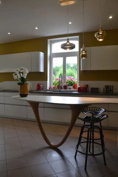 Cuisine blanche, mur ocre et pied bois, photo 6 sur 26