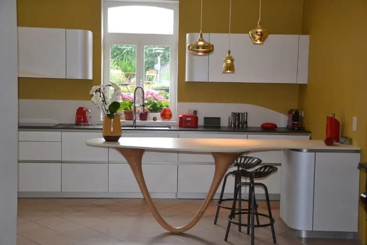 Cuisine blanche, mur ocre et pied bois, photo 9 sur 26