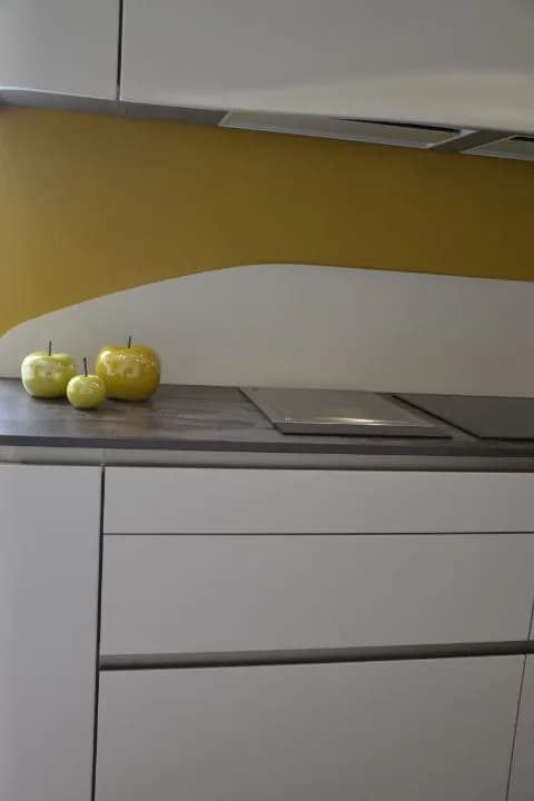 Cuisine blanche, mur ocre et pied bois, photo 21 sur 26